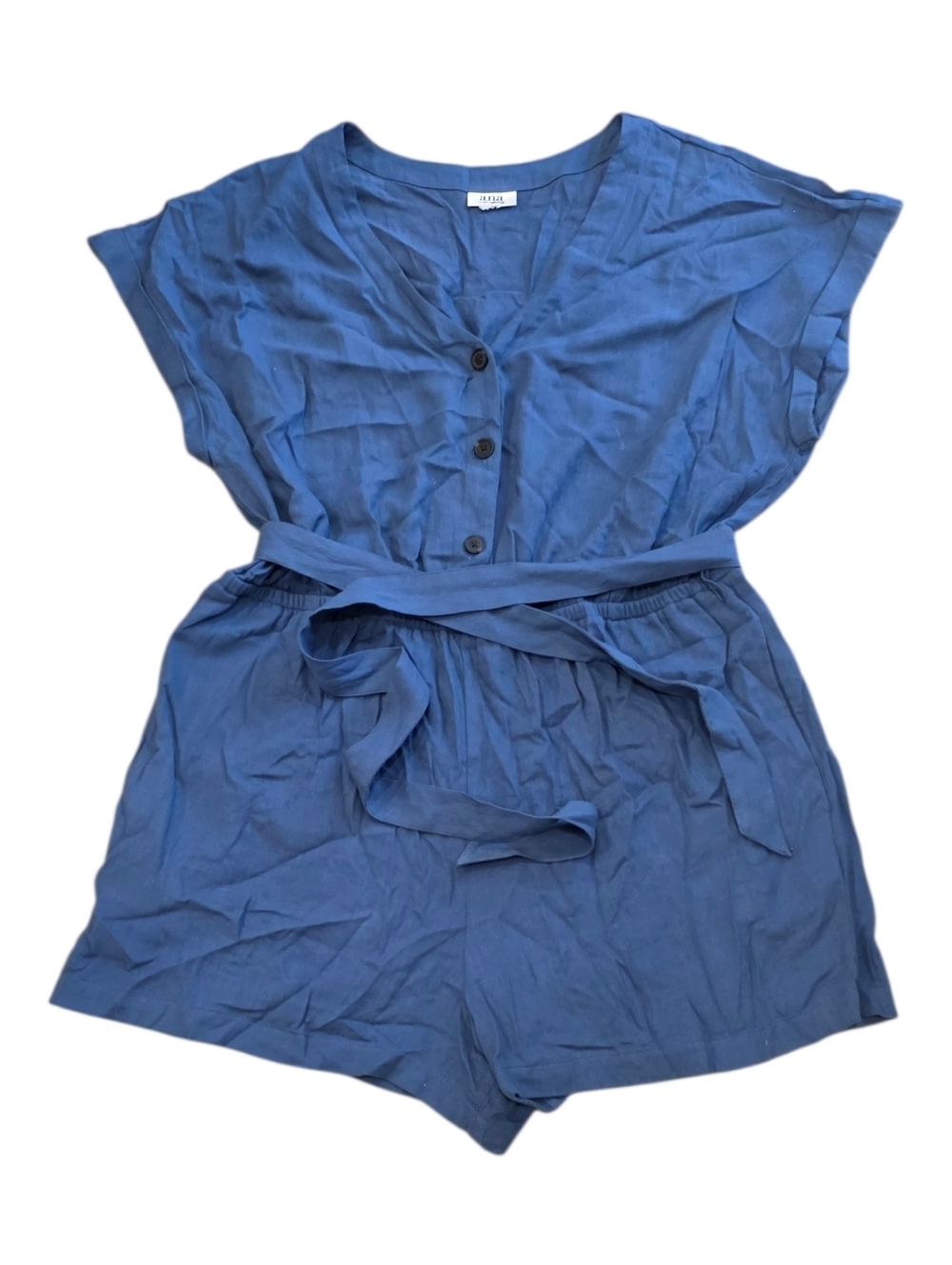 A New Approach Blue Button-Front Short Romper with Waist Tie XL